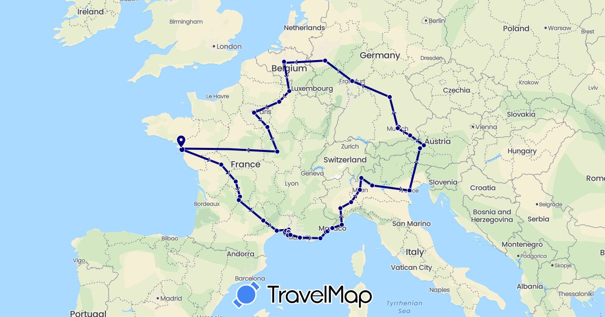 TravelMap itinerary: driving in Austria, Belgium, Germany, France, Italy, Monaco (Europe)
